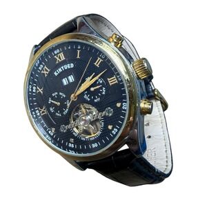KINYUED Automatic Skeleton Watch Mens Black Gold Roman Dial Mechanical 1812